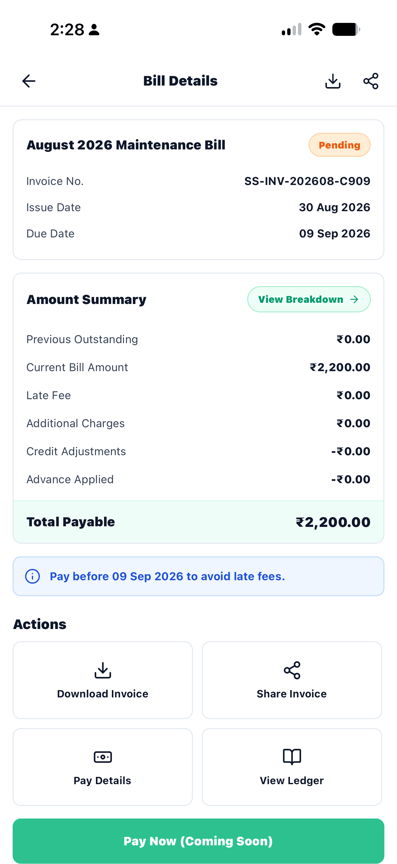 SafeSociety bill details screen