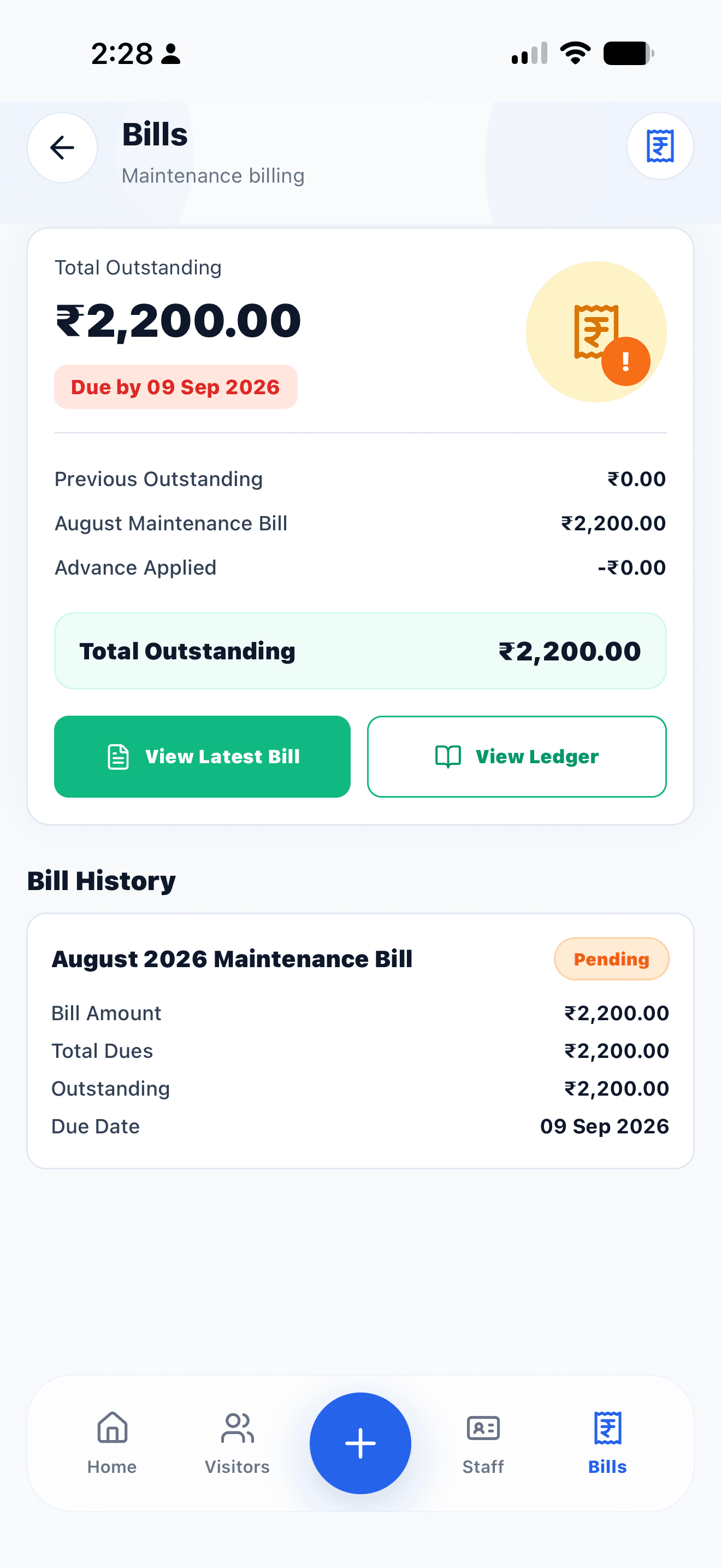 SafeSociety bills overview screen