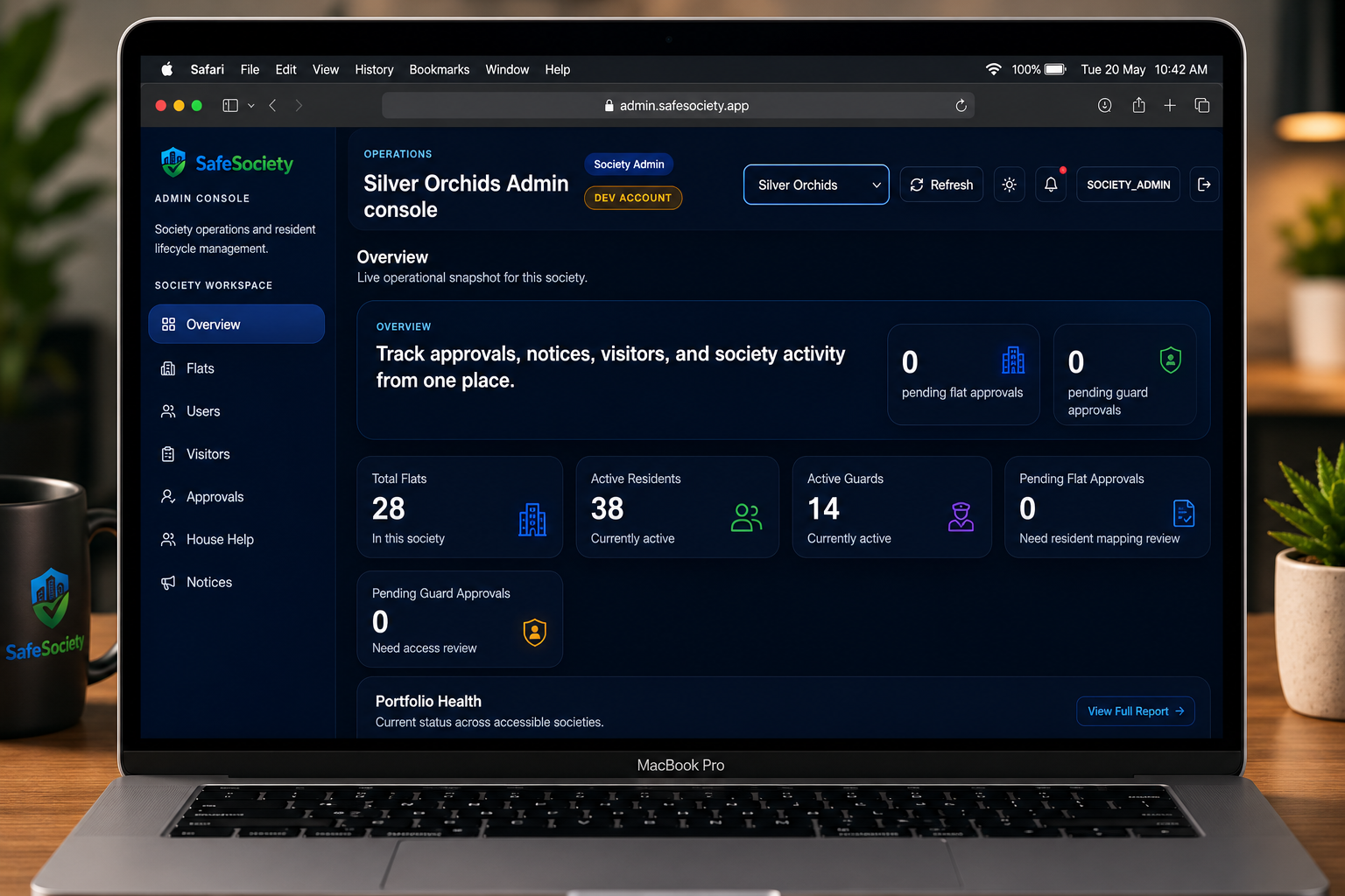 SafeSociety dashboard overview with portfolio health, approval queue, and weekly notes.