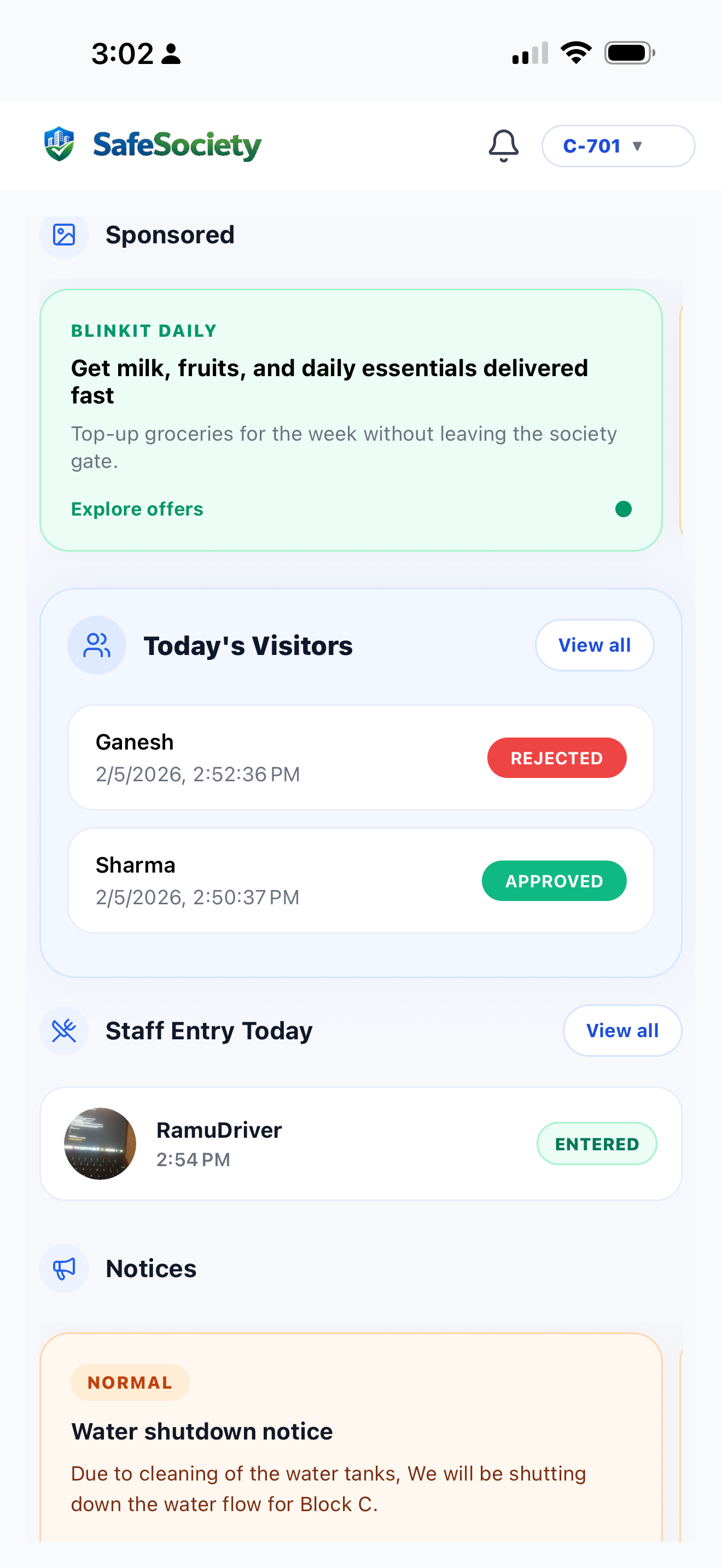 SafeSociety resident app home screen with visitor updates, house help entry, and notices.